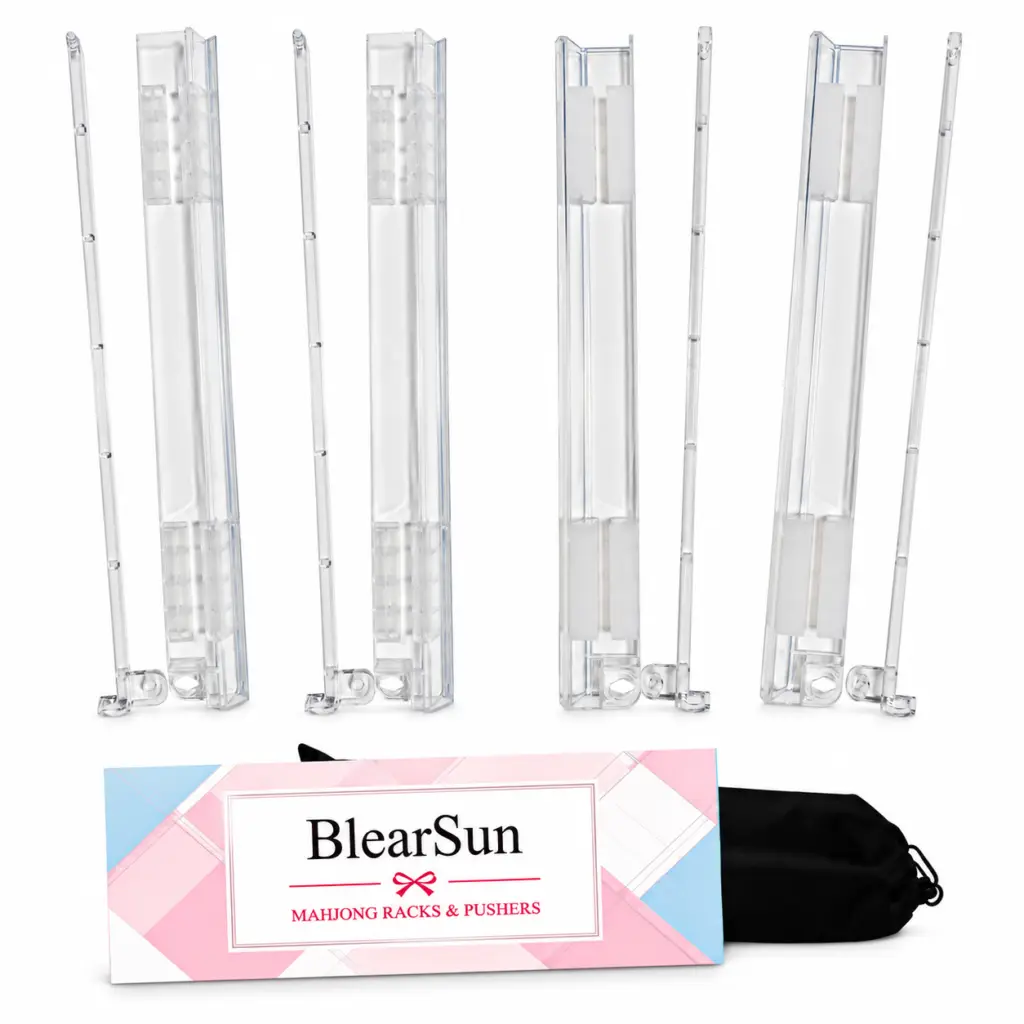 Set of four clear American mahjong racks and pushers with BlearSun packaging