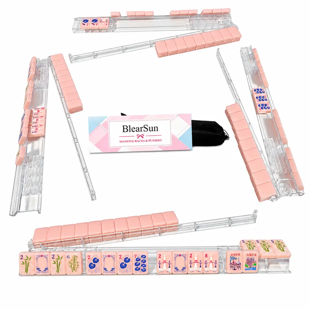 BlearSun mahjong racks with pushers set: four clear acrylic racks with pink interchangeable pushers, American mahjong tiles, gift box, and storage bag
