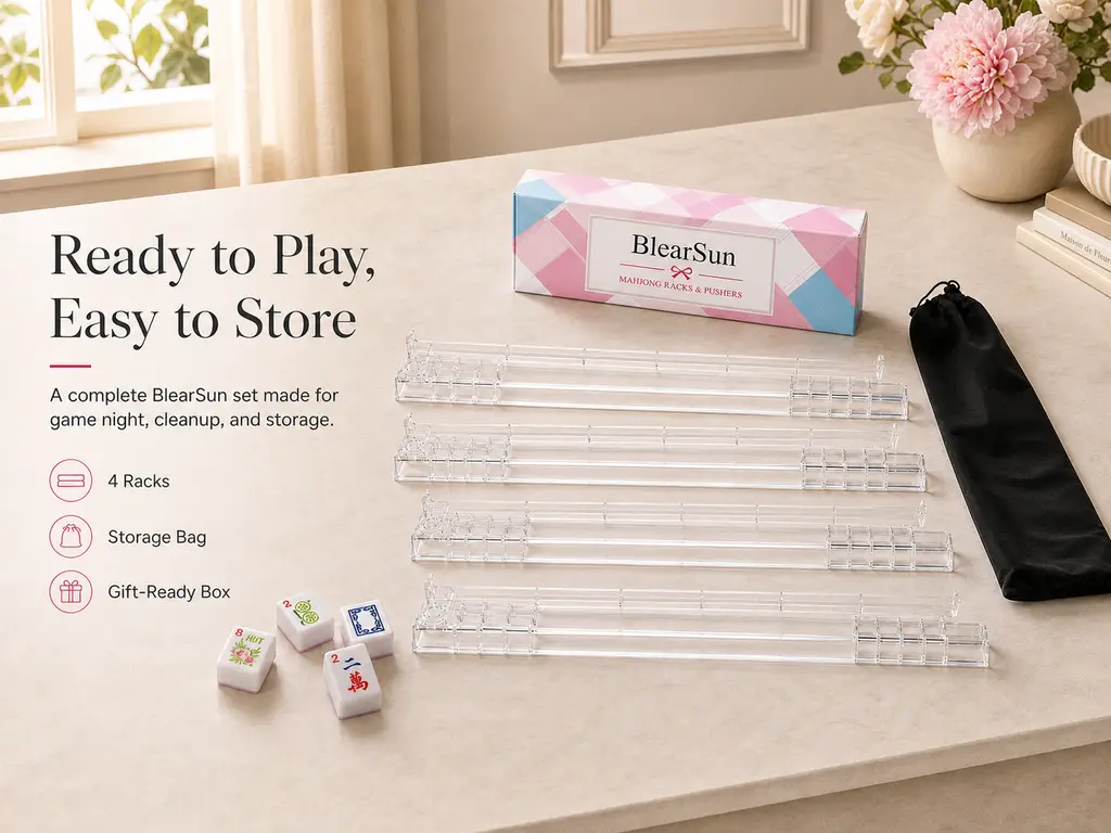 BlearSun mahjong rack and pusher set ready for game night: four acrylic racks, gift-ready box, and black storage bag