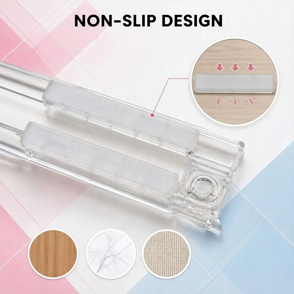 Clear acrylic mahjong rack with non-slip friction pad strips that grip wood, marble, and fabric table surfaces